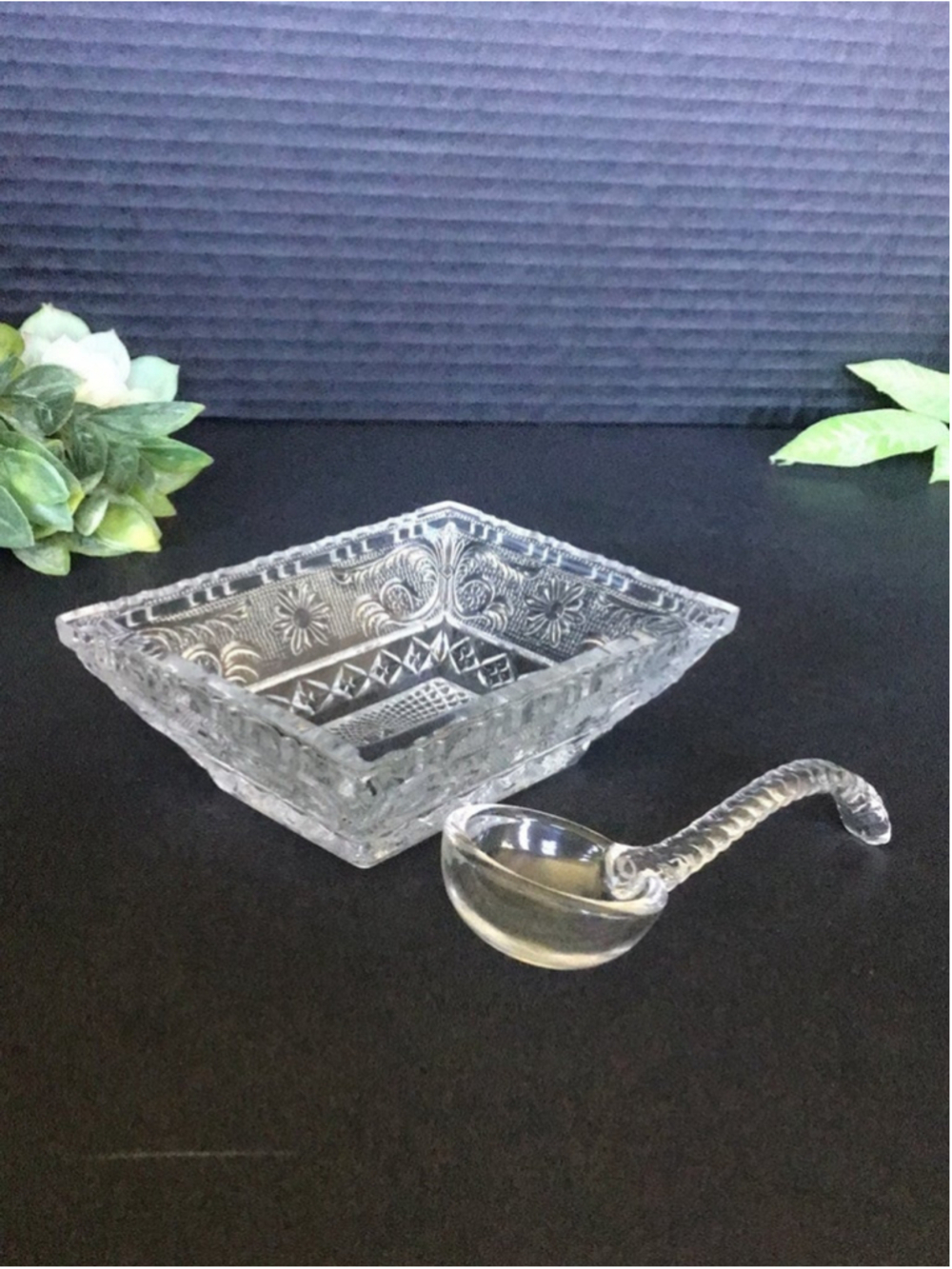 Vintage Duncan Miller Sandwich Pattern Glass Mayonaise Ladle and Dish